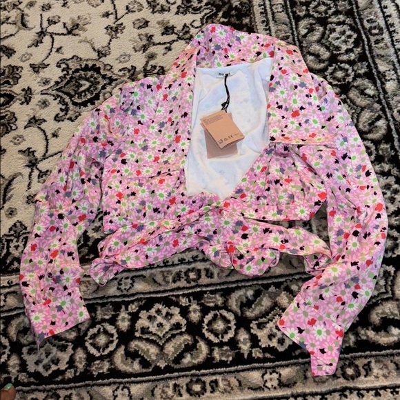 Miu Miu vintage 70’s Pink and White green Floral silk cropped blouse - Picture 3 of 16